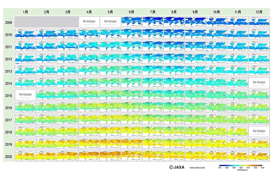 「いぶき」が観測したCO₂の濃度（抜粋）サテナビ「いぶき（ GO SAT)」<https://www.satnavi.jaxa.jp/ja/project/gosat/>参照の図