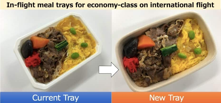 Photos of the current and new tray for international economy class meals side by side.