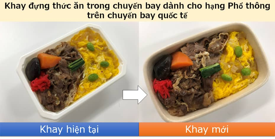 Ảnh khay hiện tại và khay mới dành cho suất ăn hạng Phổ thông quốc tế đặt cạnh nhau.