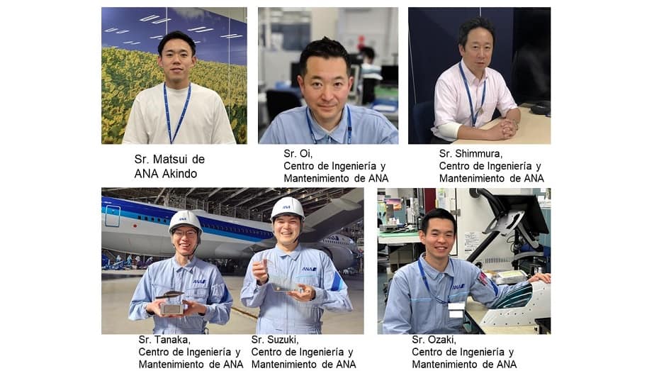 Sr. Matsui de ANA Akindo; Sr. Oi, Sr. Shimmura, Sr. Tanaka, Sr. Suzuki y Sr. Ozaki del Centro de Ingeniería y Mantenimiento de ANA