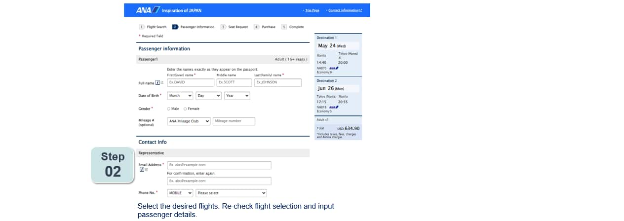 Select the desired flight. Re-check flight selection and input passenger details.