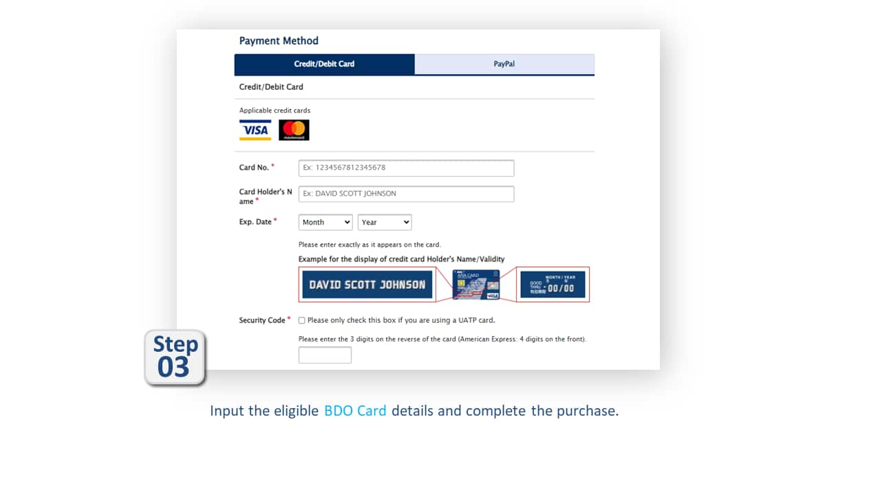 Step03 Input the eligible BDO Card details and complete the purchase.