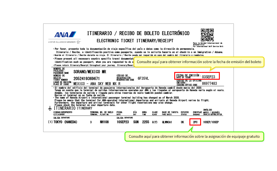 Recibo o itinerario del boleto electrónico